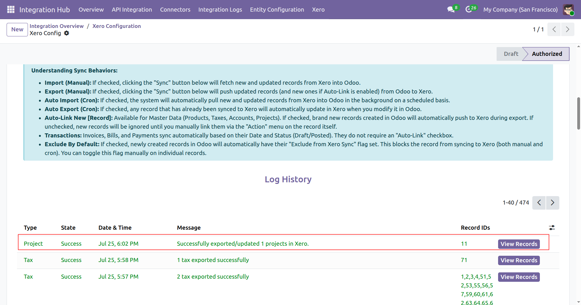 Project sync log history in Xero Configuration