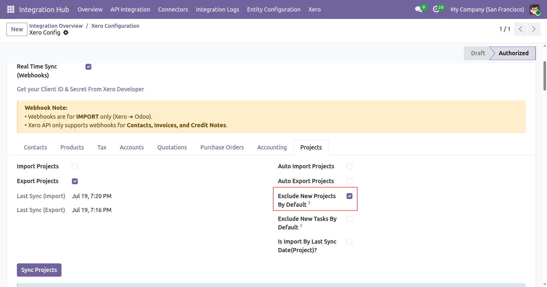 Enable Exclude New Projects By Default in Xero Configuration