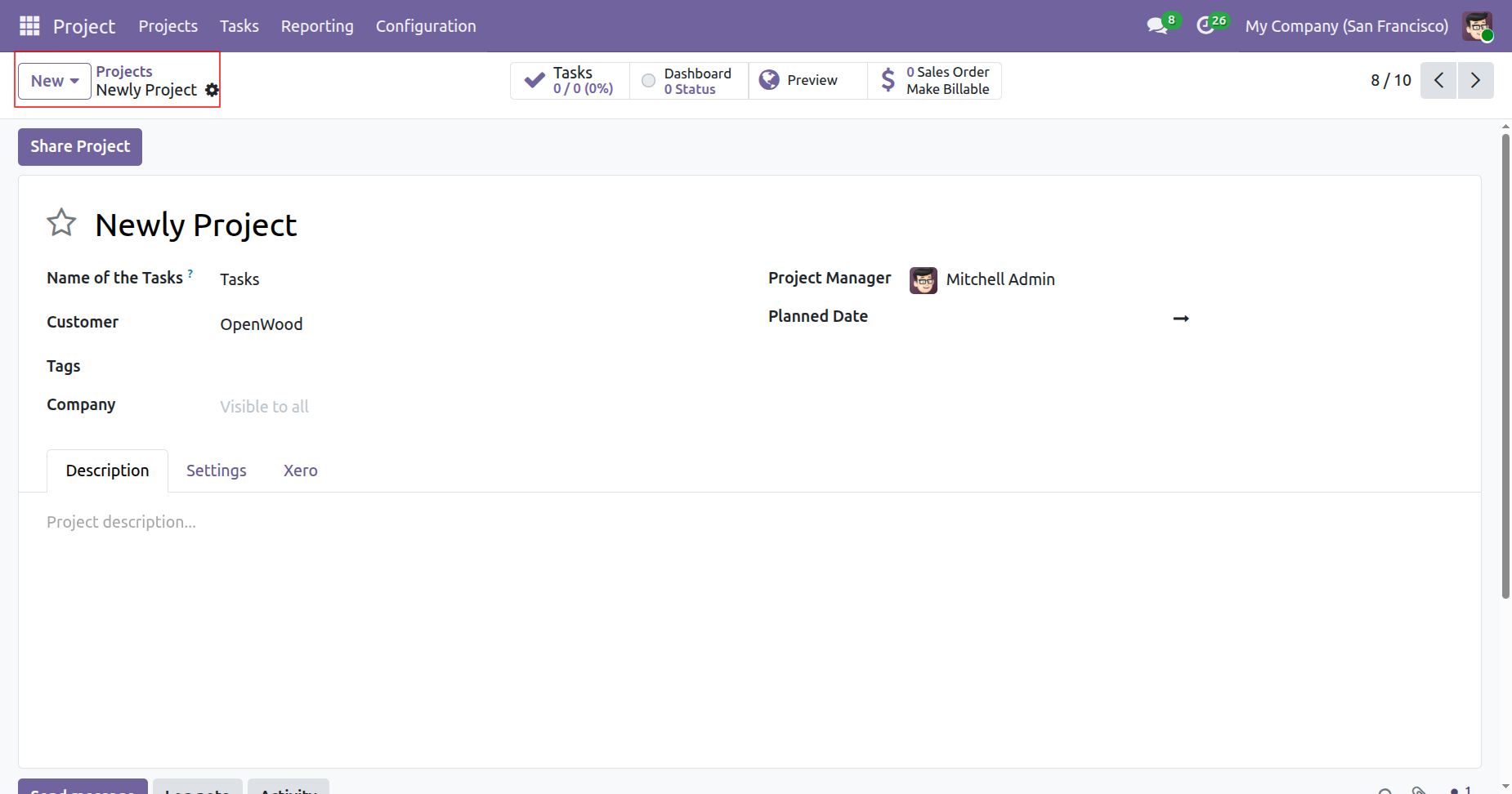New project record form in Odoo