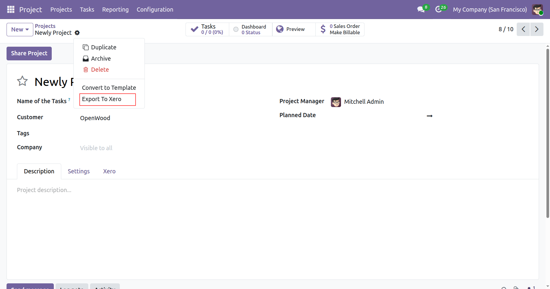 Export To Xero option in project form view