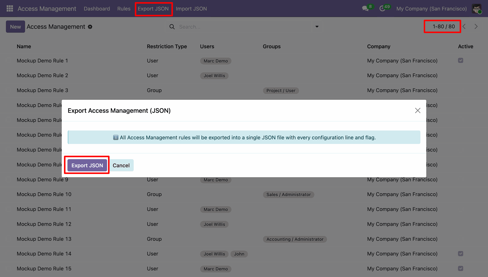 Access Rules with JSON Export