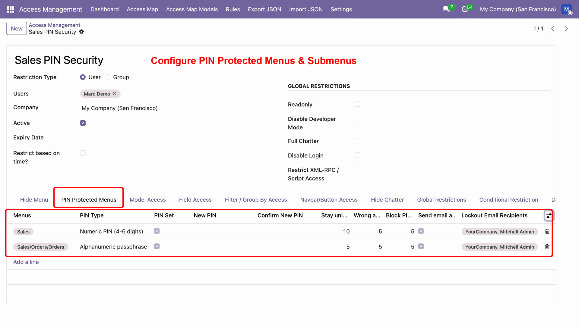 Configure Menu and Submenus for PIN protect