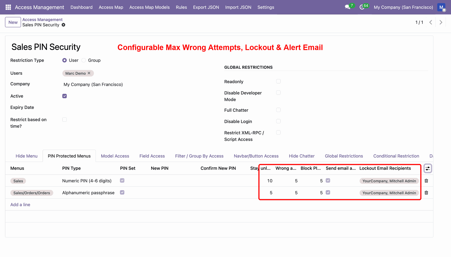 Configure wrong attempts, lockout and alert email receipients