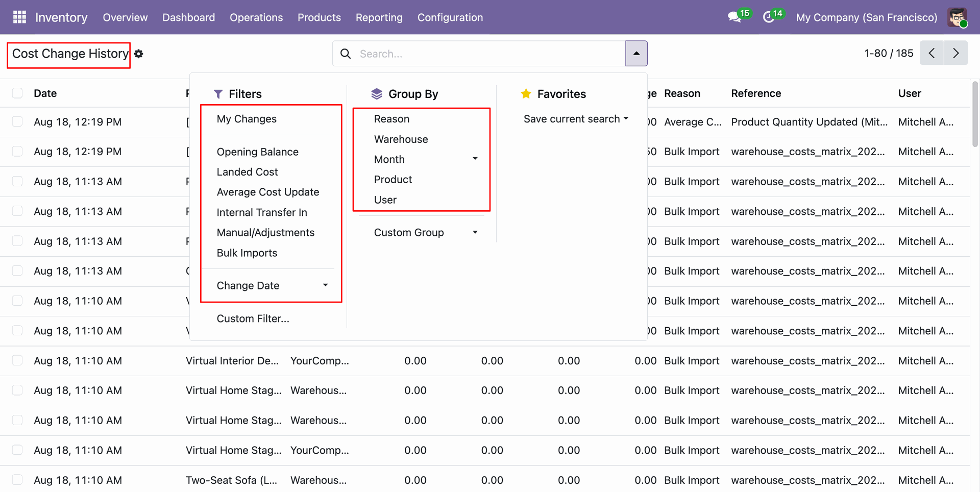 Advanced Filters and Group By options for Cost Change History