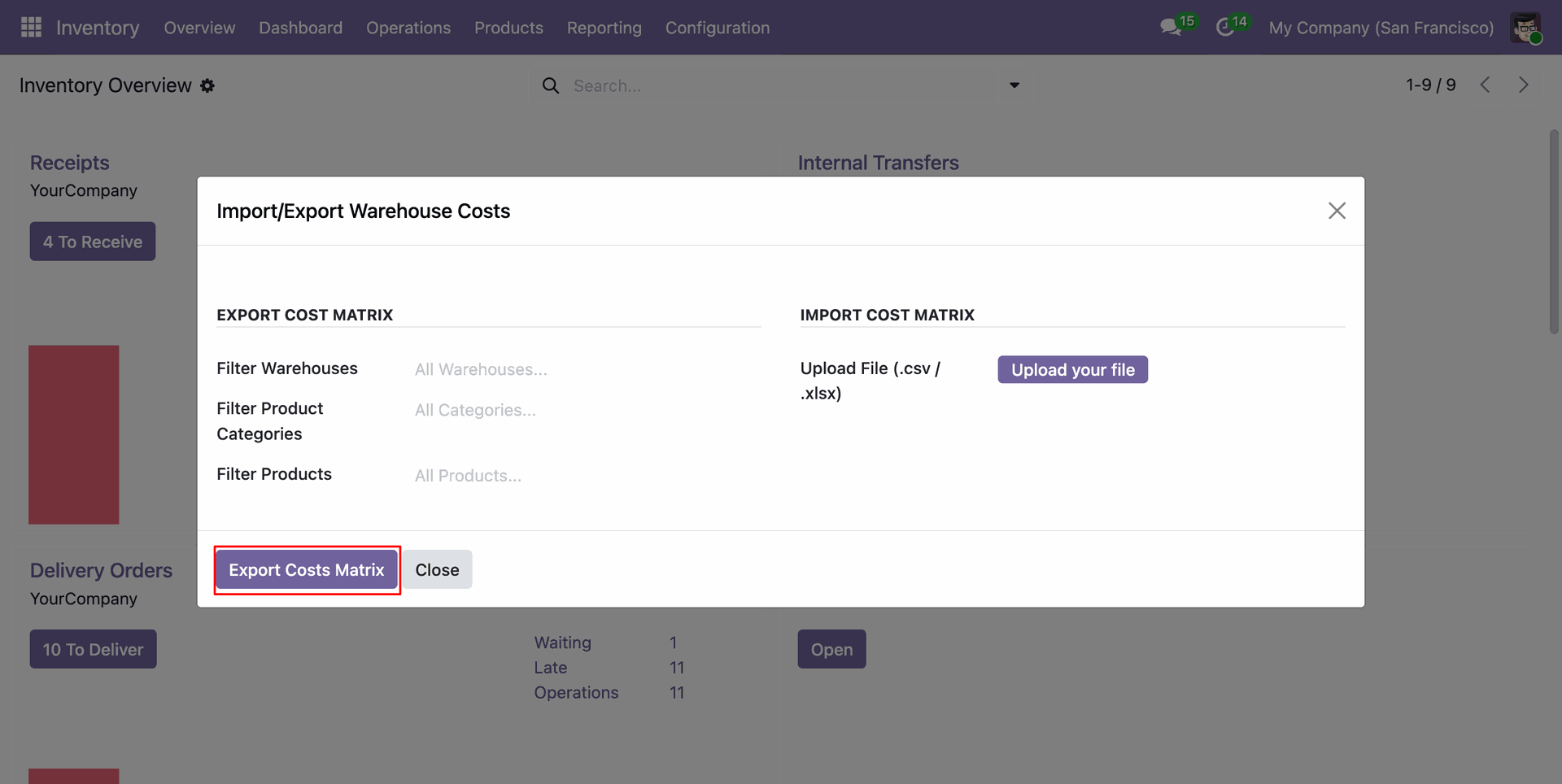 wizard to Export Costs Matrix. You can filter by Warehouses, Product Categories, or Products.