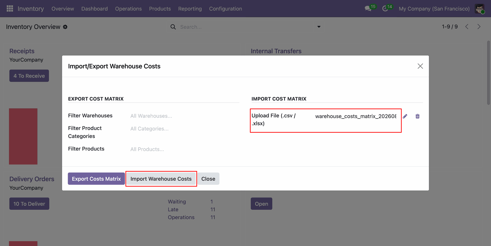 Uploading Updated file and click Import Warehouse Costs