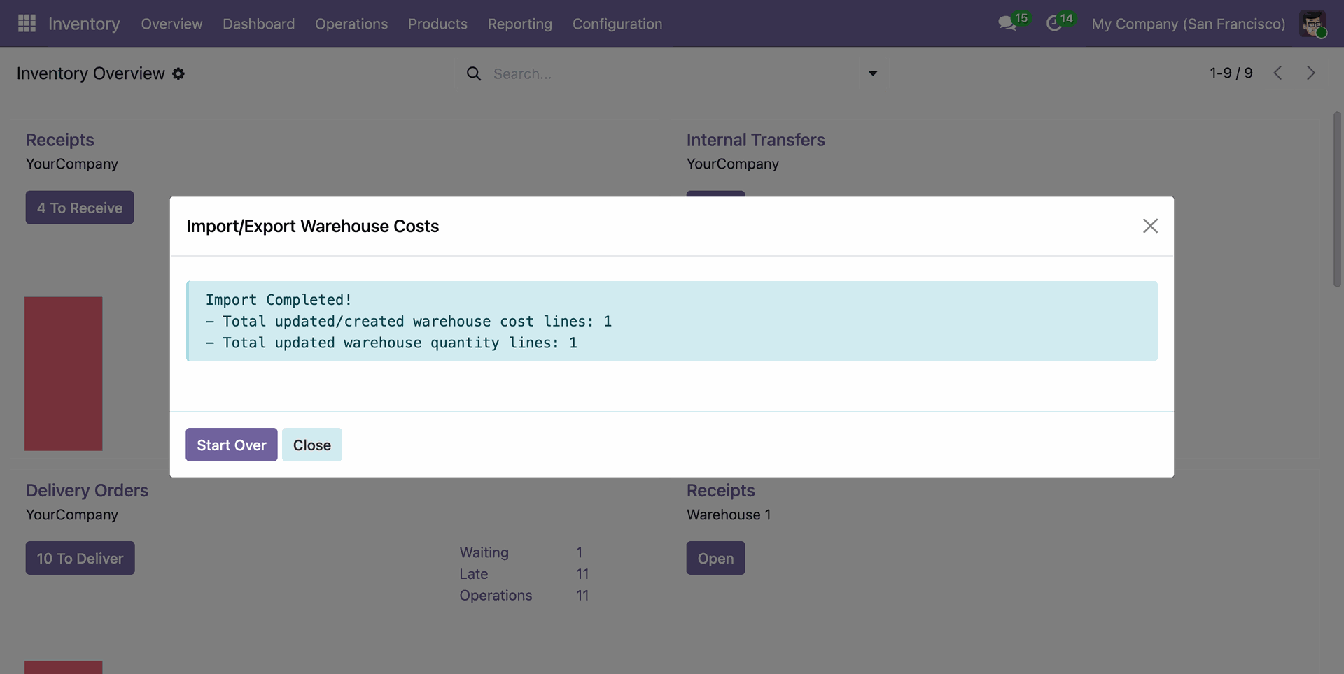 Success message showing updated or created warehouse cost lines