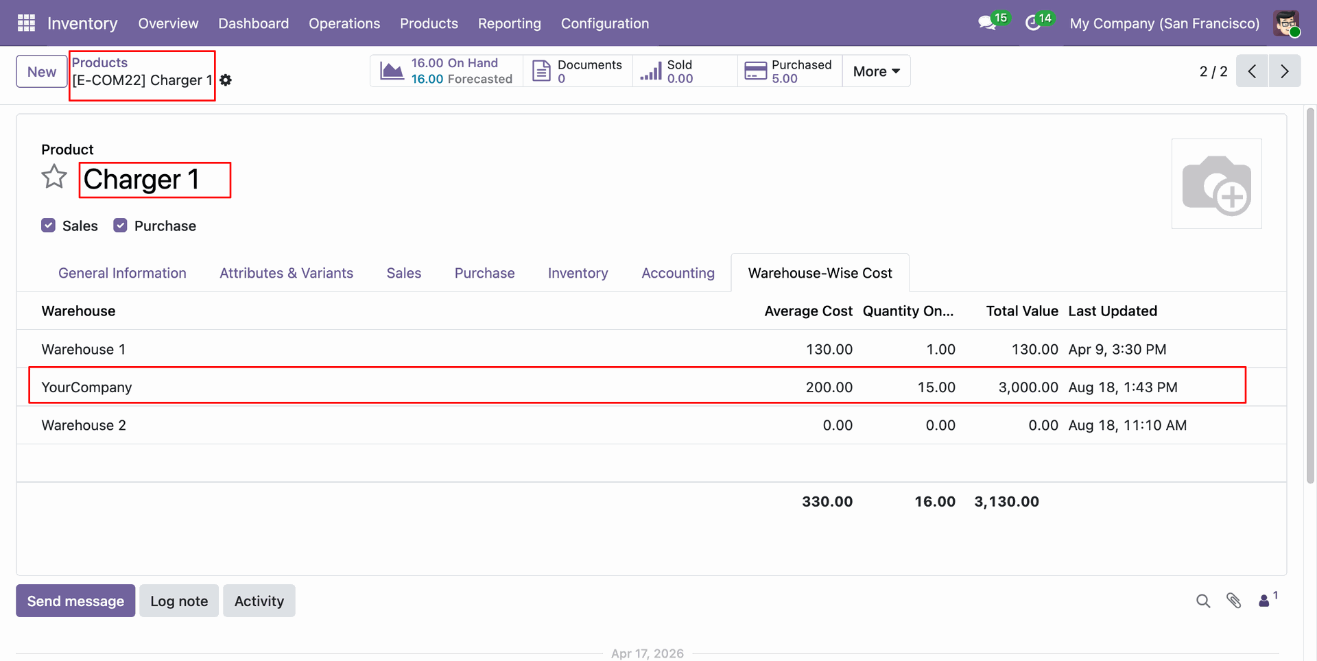Product form view with updated and imported cost and quantity