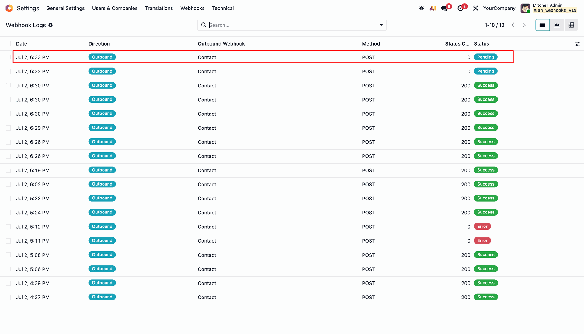 Pending Webhook Logs List