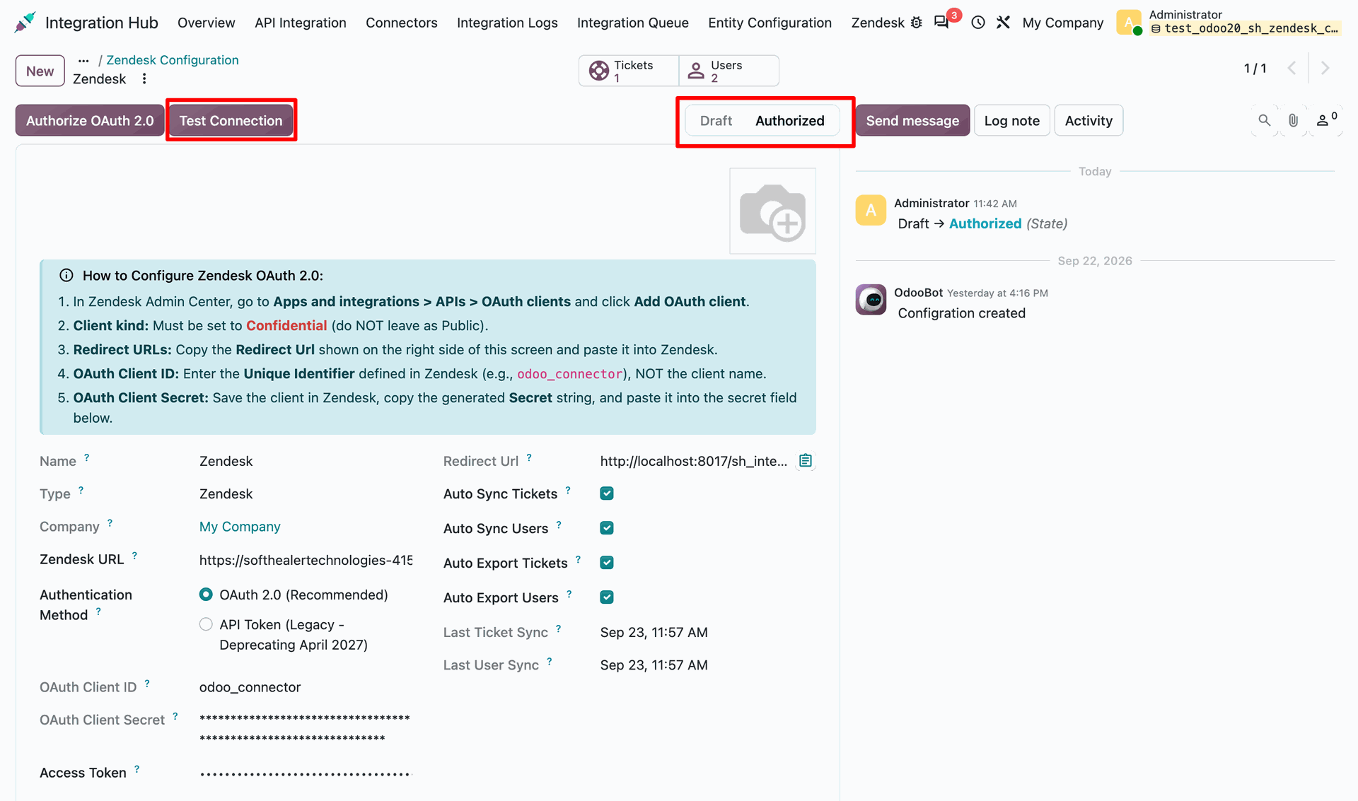 Configuring Zendesk integration credentials and validating authorization status in Odoo