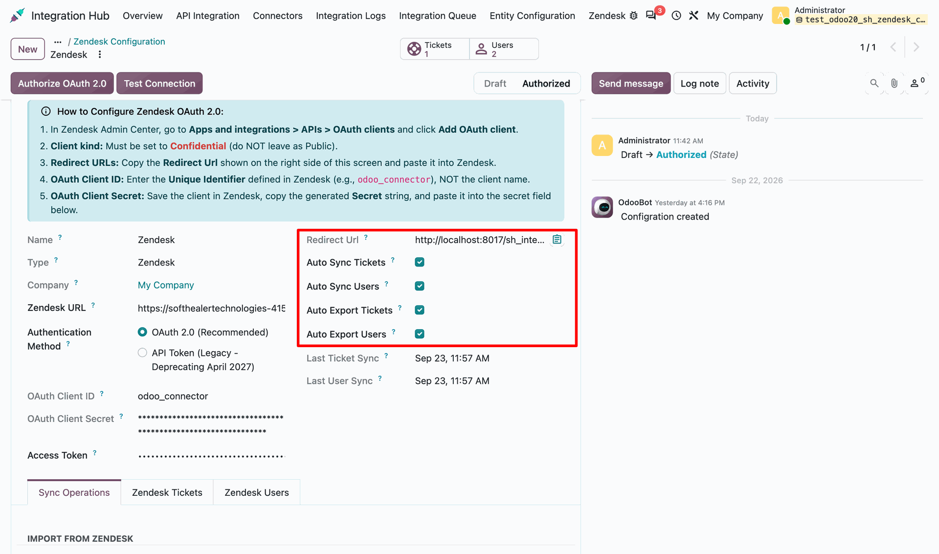 Enabling Auto Sync and Auto Export settings for Zendesk tickets and users in Odoo