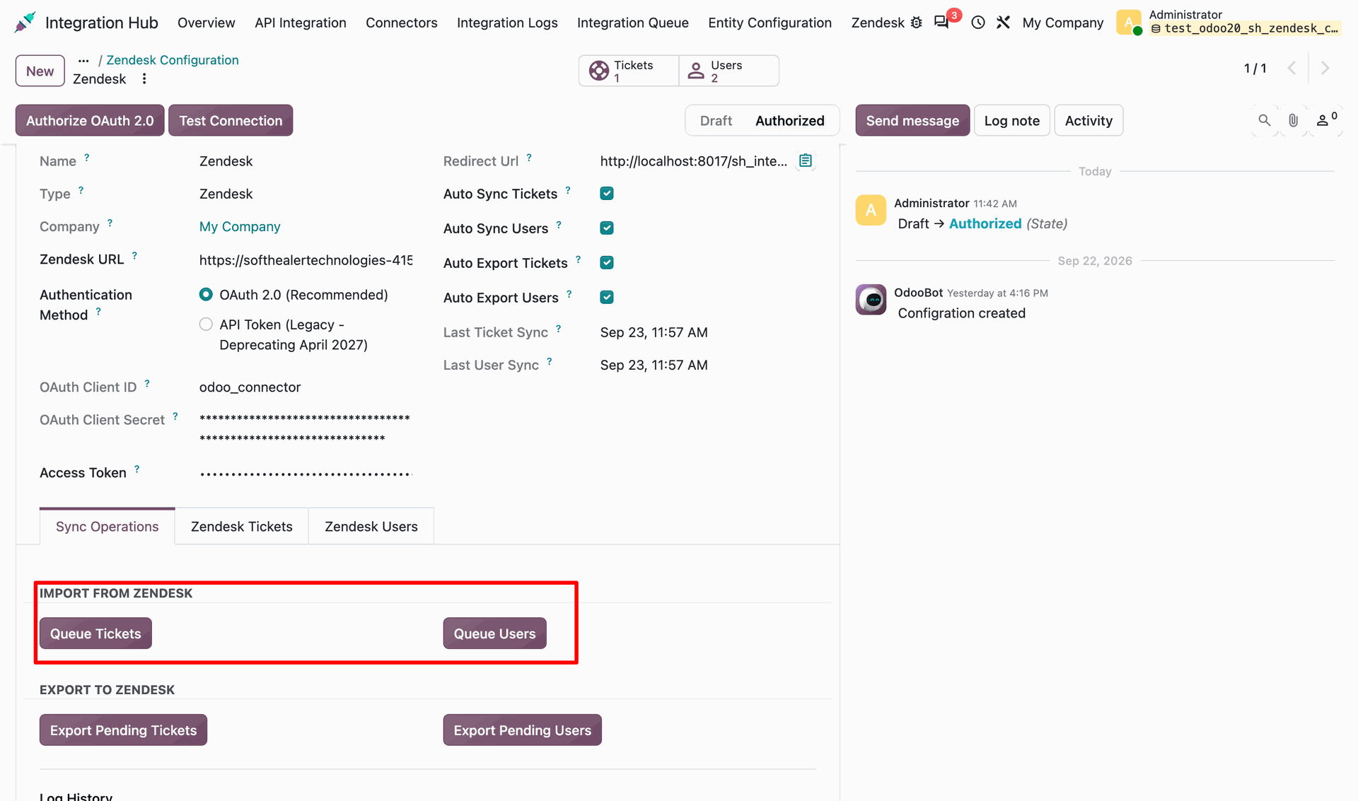 Manually triggering the import of Zendesk tickets and users to Odoo via queue buttons