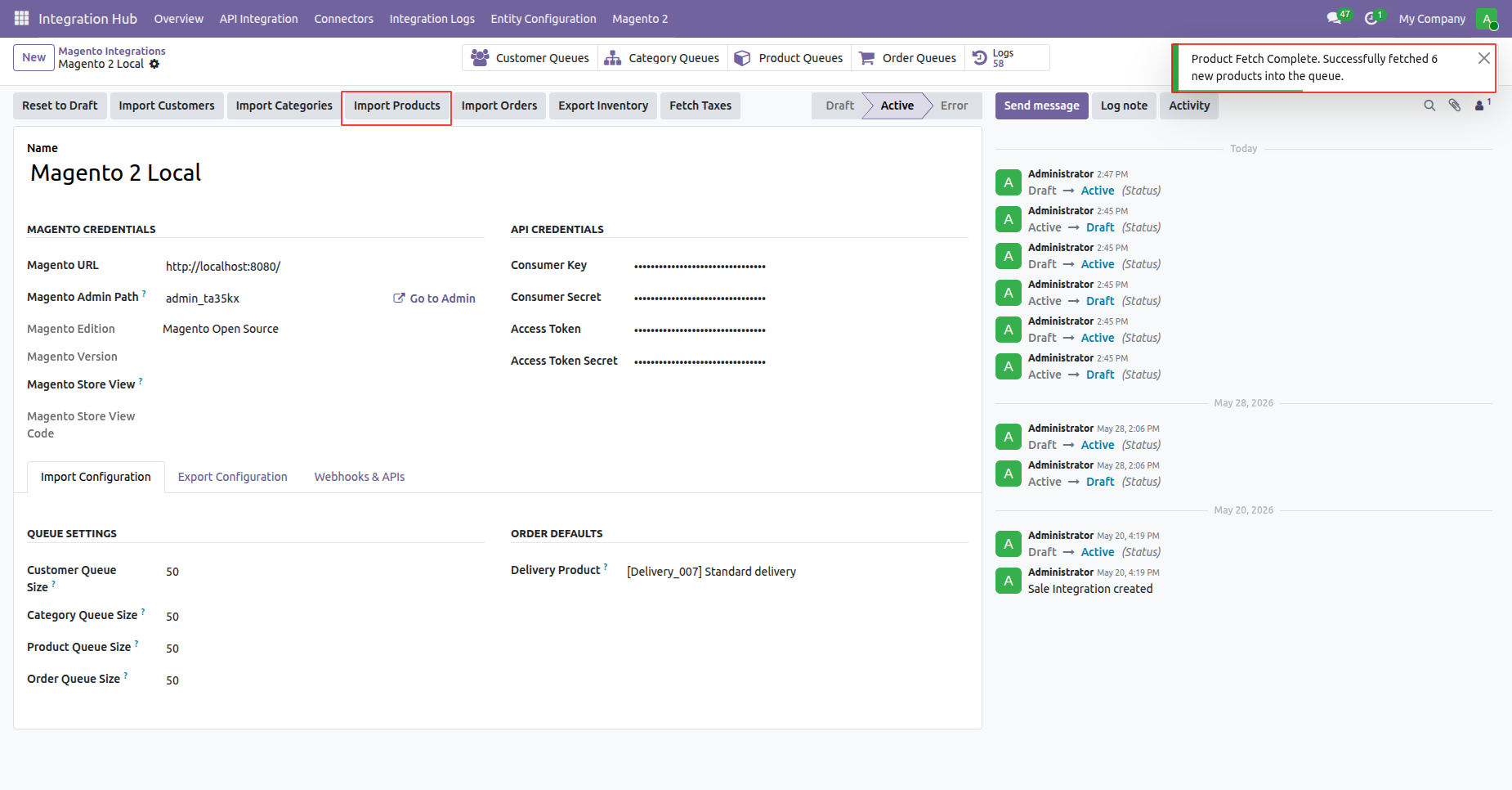 Launch the product import wizard to synchronize product templates and variants from Magento 2