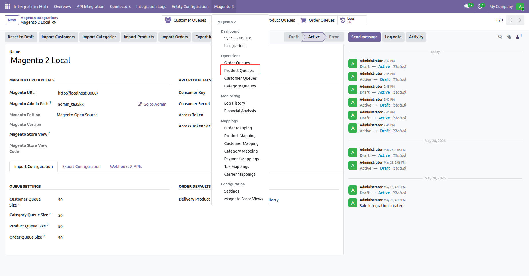 Select specific product import scope filters including creation date ranges and store instance selection