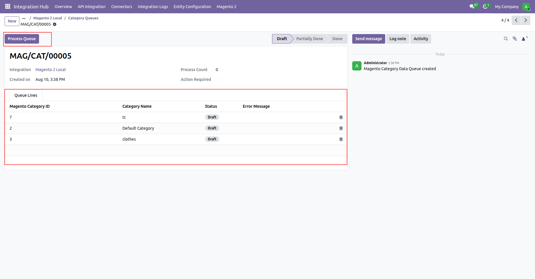 Monitor category queue execution logs detailing batch creation results and individual category sync status