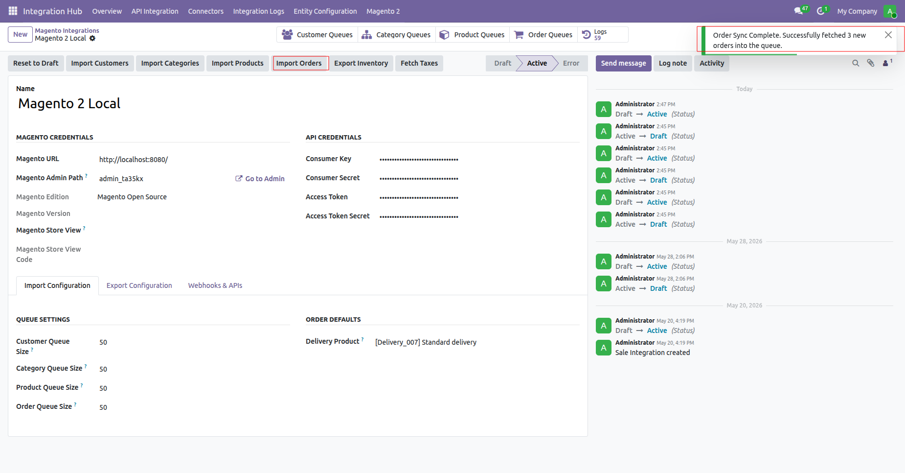 Open sale order import wizard to retrieve webshop customer orders directly from Magento 2