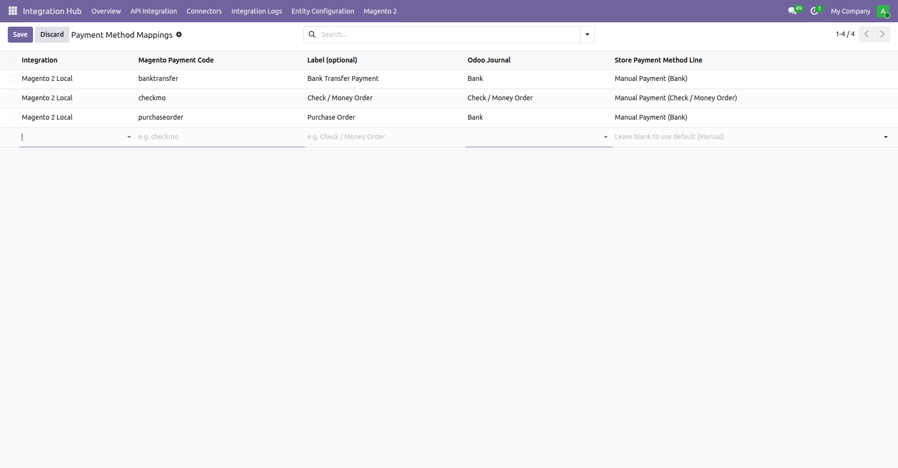 Create payment method mapping rule linking Magento payment method code to corresponding Odoo payment method