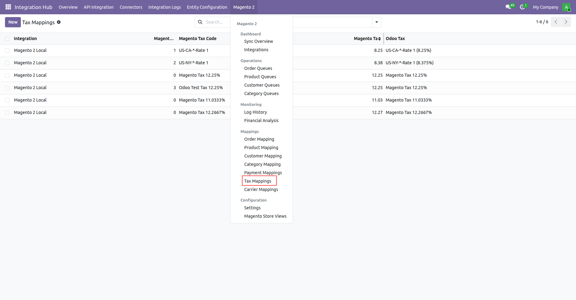 Open tax mapping menu to configure tax rate alignment between Magento 2 and Odoo fiscal positions