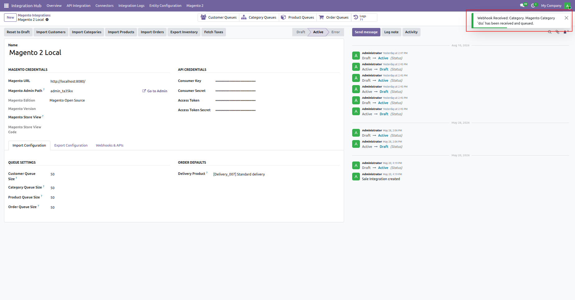 Enable category webhook notifications to process instant category hierarchy modifications from Magento 2 store