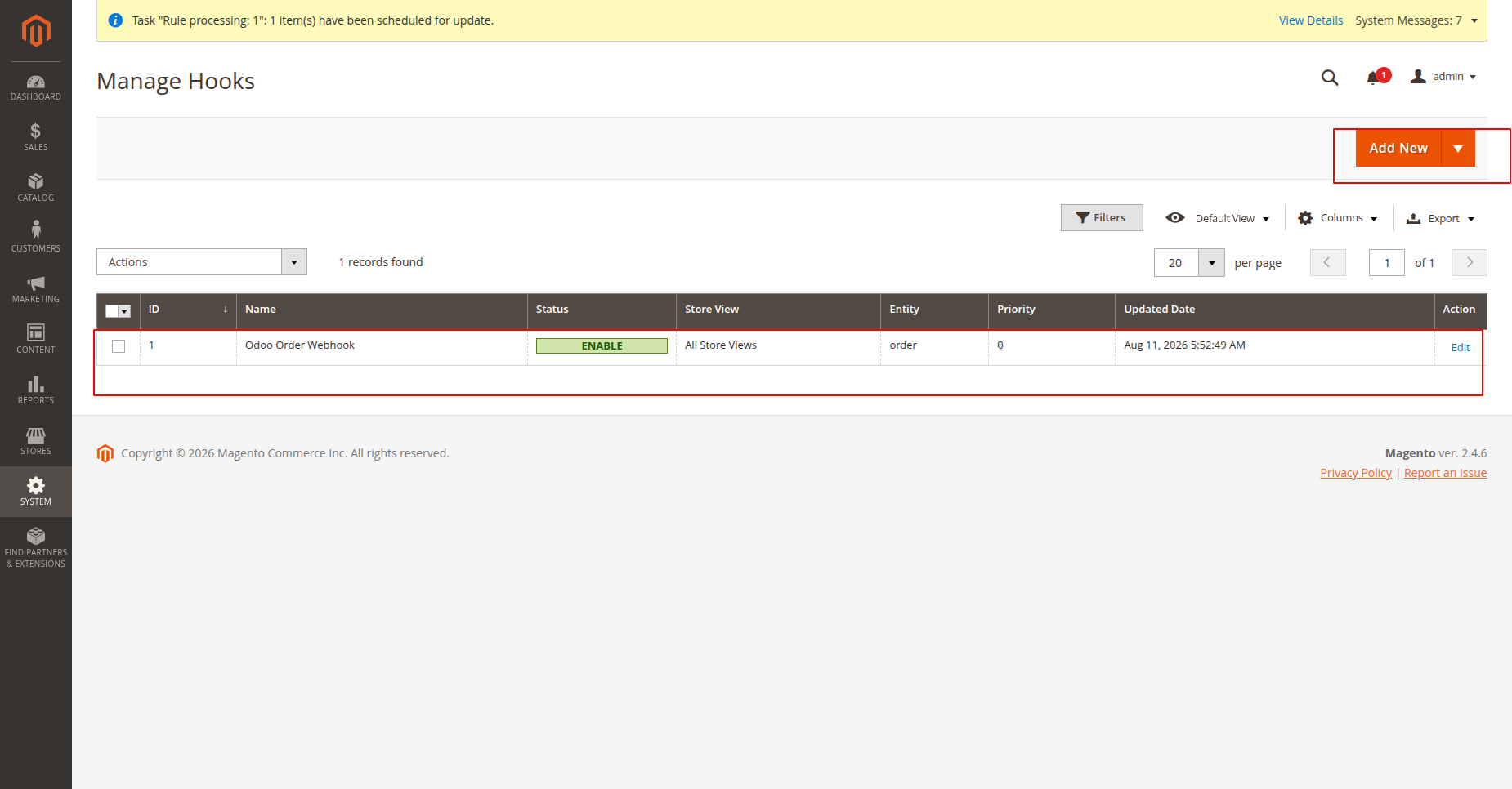 Verify incoming order webhook payload reception and automatic order queue job creation in Odoo