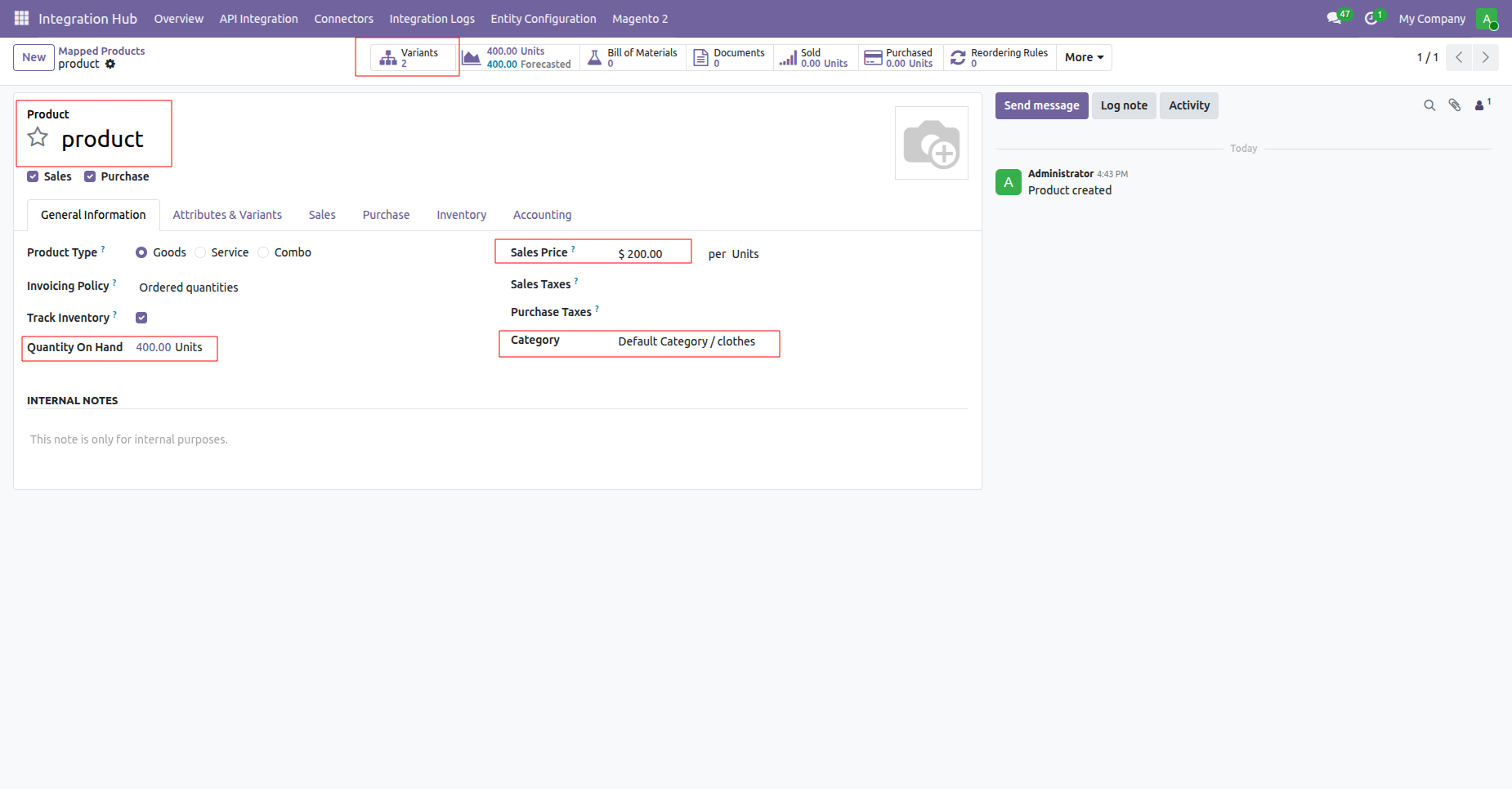 Inspect product description, published status, and webshop catalog visibility settings inside Odoo product