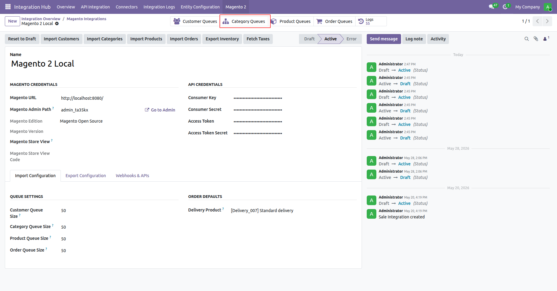 Select target Magento 2 instance and filter options before executing category import background process