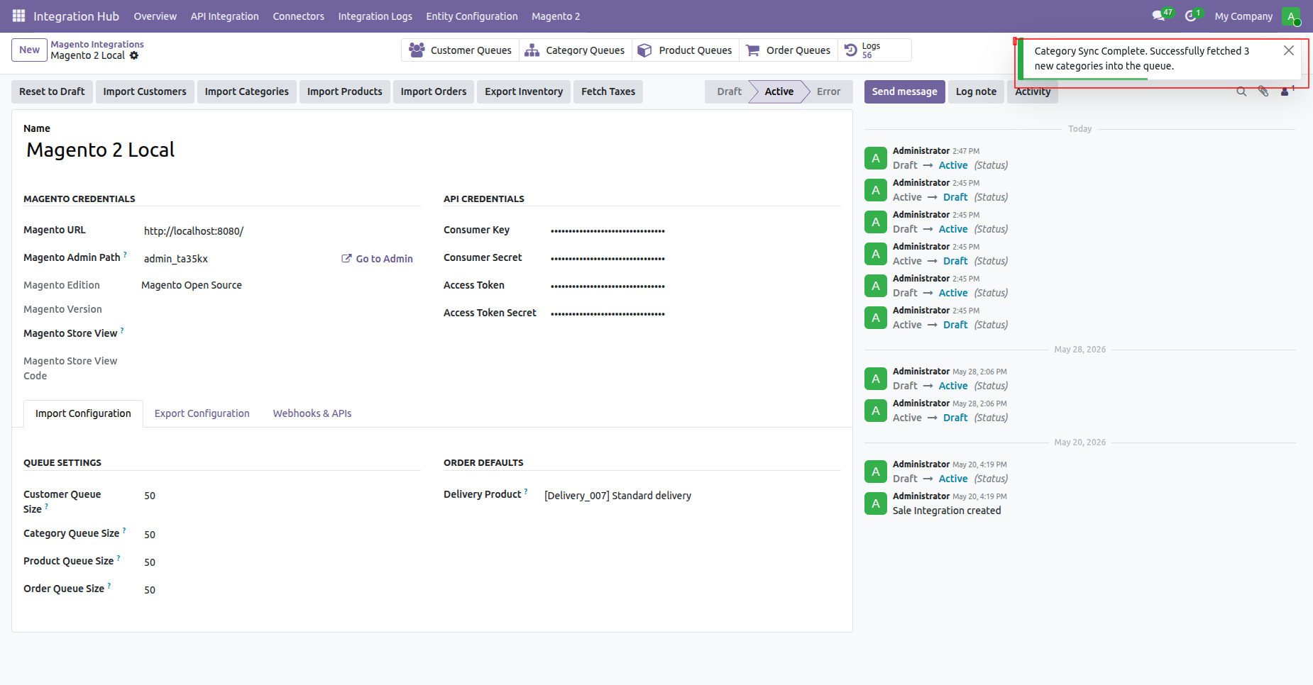 Inspect category form view displaying synchronized category ID, parent category, and instance mapping
