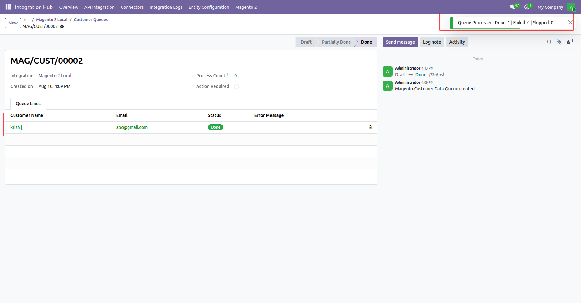 View synchronized customer billing address details mapped directly to Odoo partner address book records