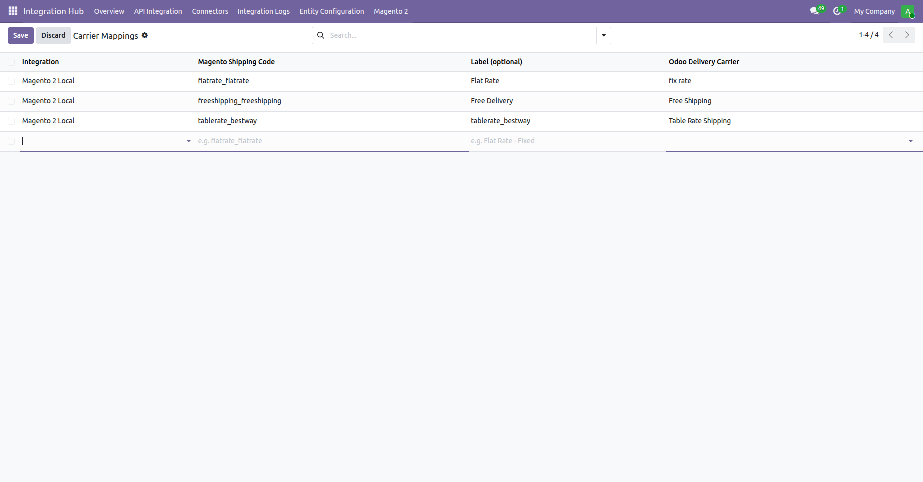 Create new carrier mapping entry assigning Magento shipping code to specific Odoo delivery shipping method