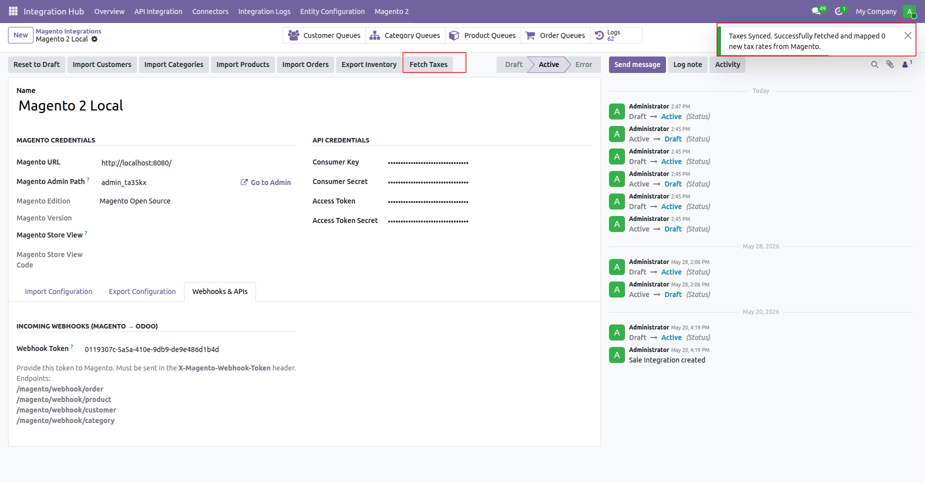 Review tax mappings summary list view detailing active store tax rules and mapped Odoo taxes