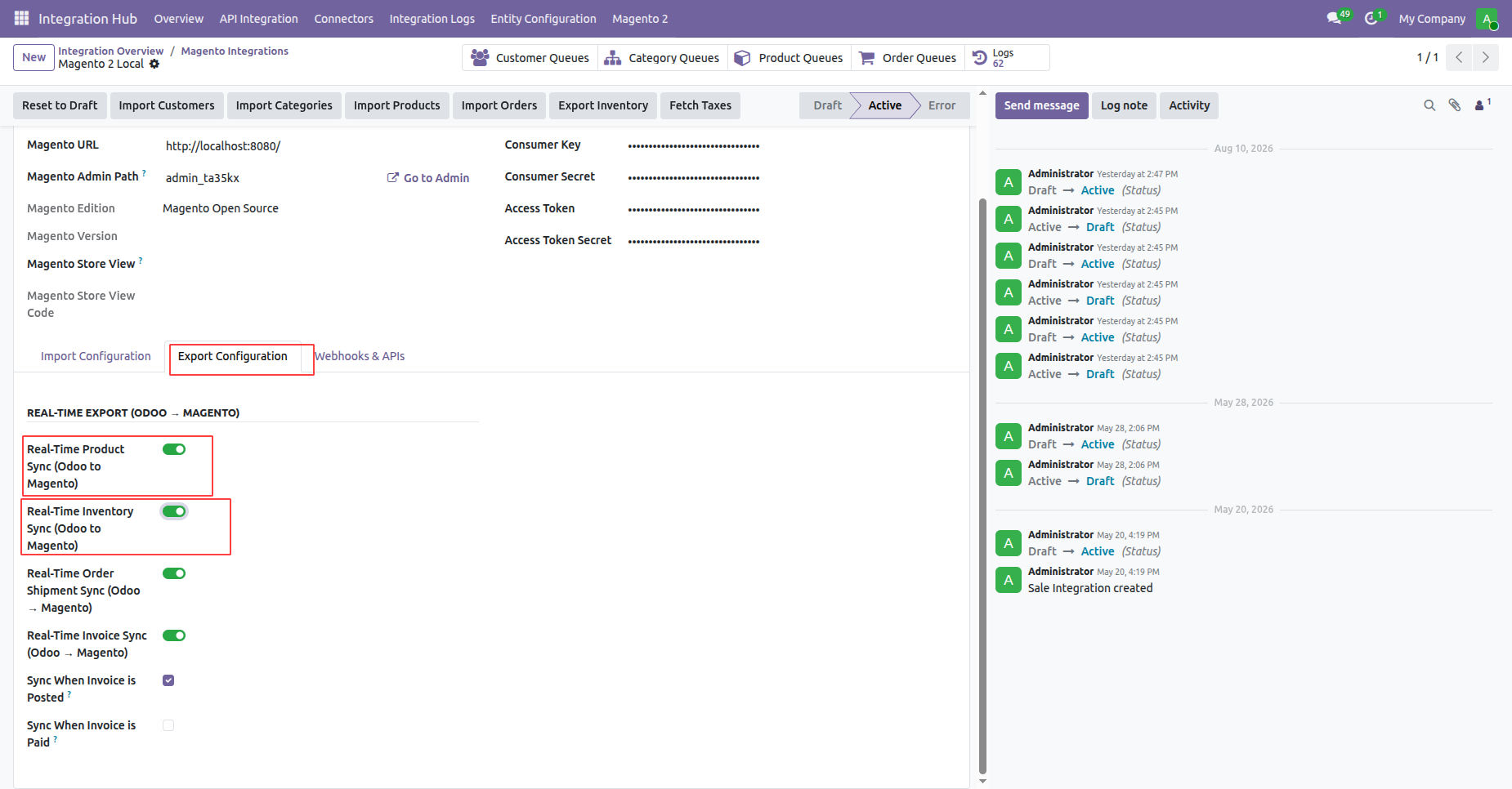 Configure Odoo to Magento real-time export triggers for automated product, stock, and price updates