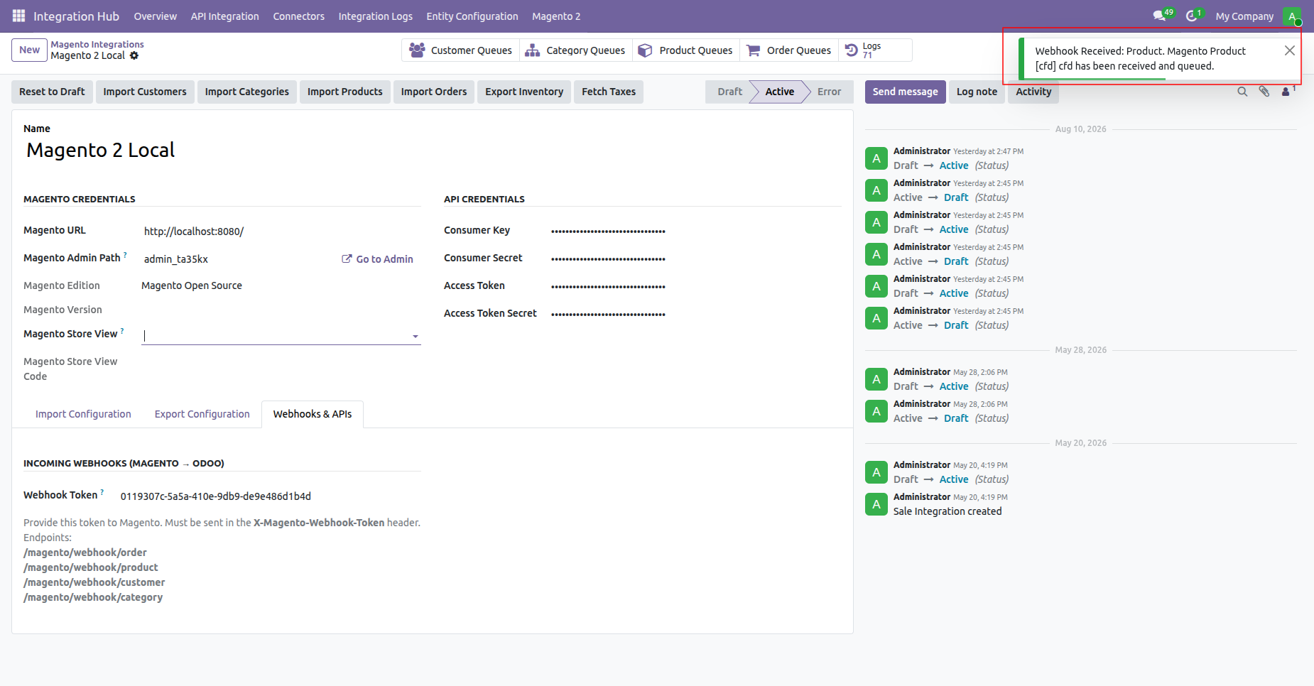 Configure real-time product webhooks to instantly sync product changes from Magento 2 to Odoo