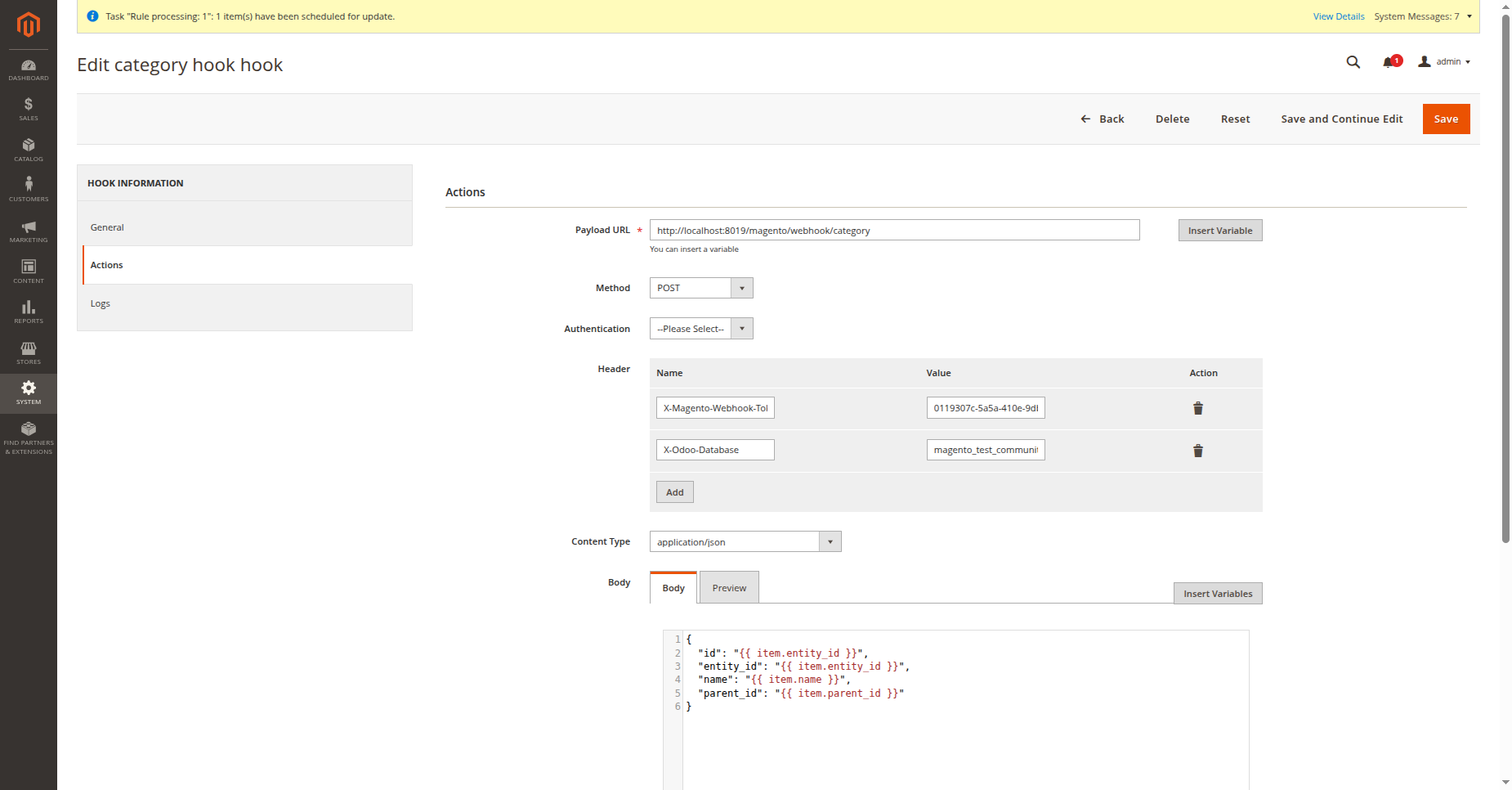 Review category webhook transaction audit logs detailing payload timestamps, store instance, and sync result