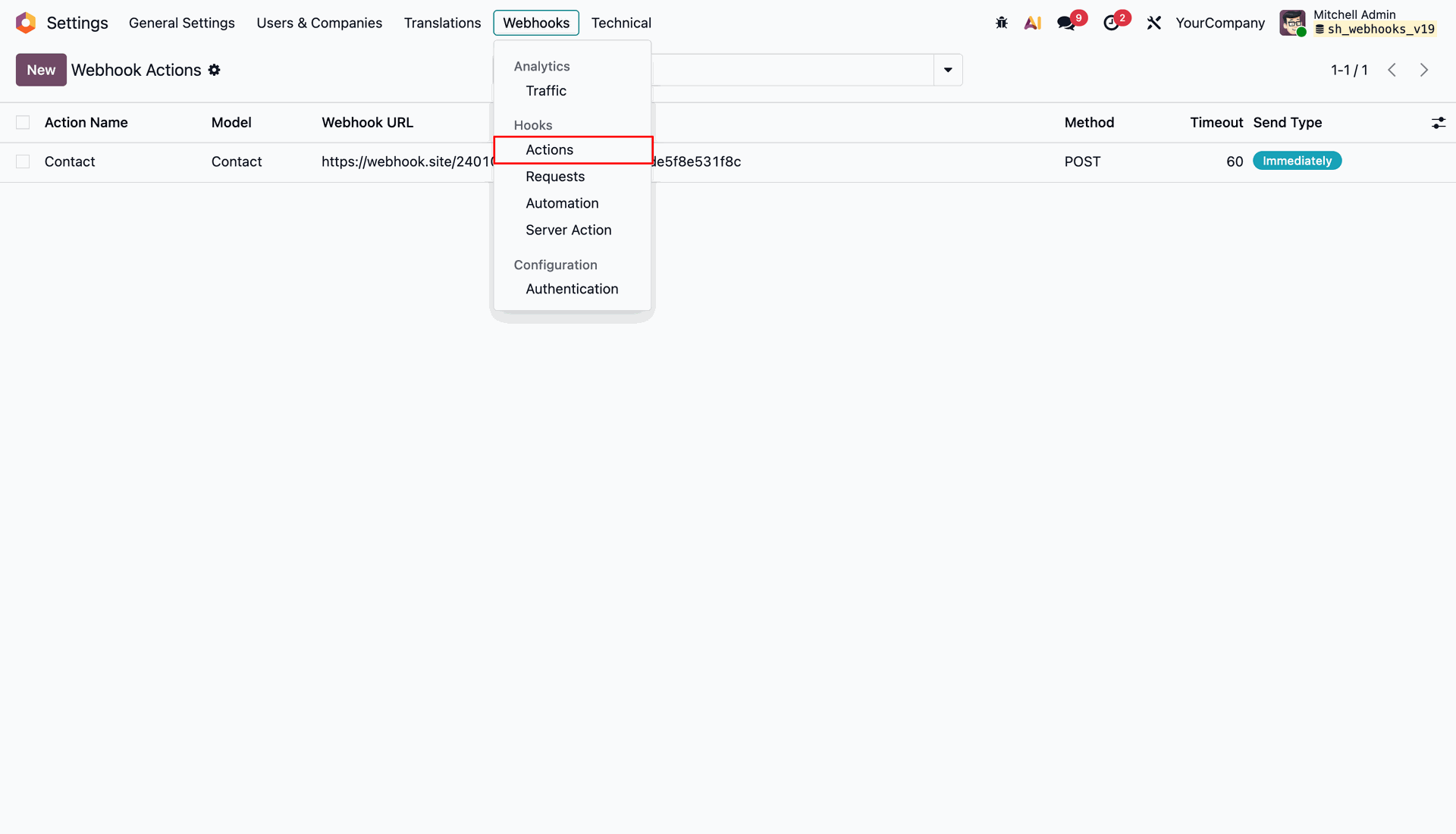 Outbound Webhook Actions Menu