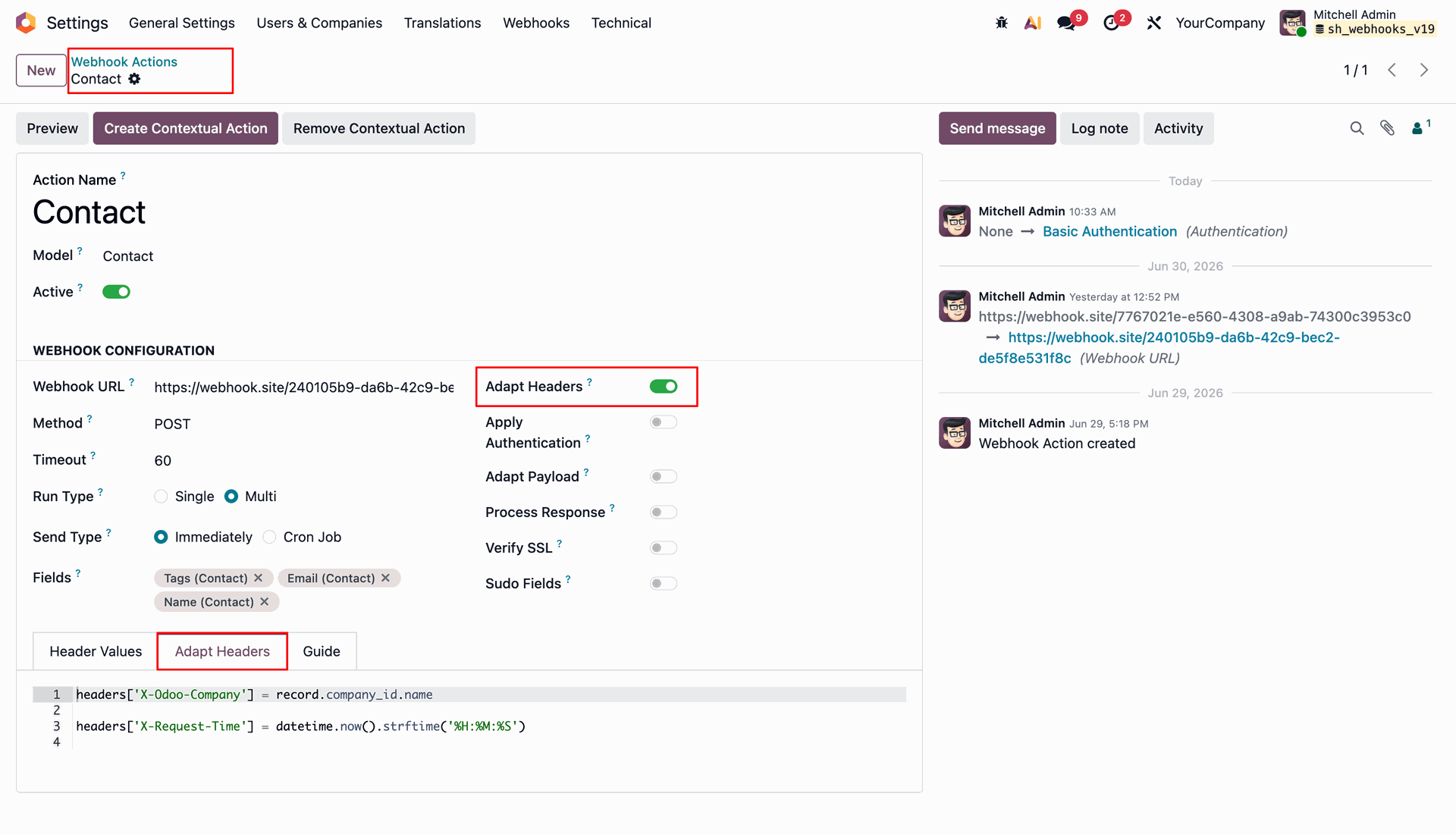 Outbound Webhook Action Form
