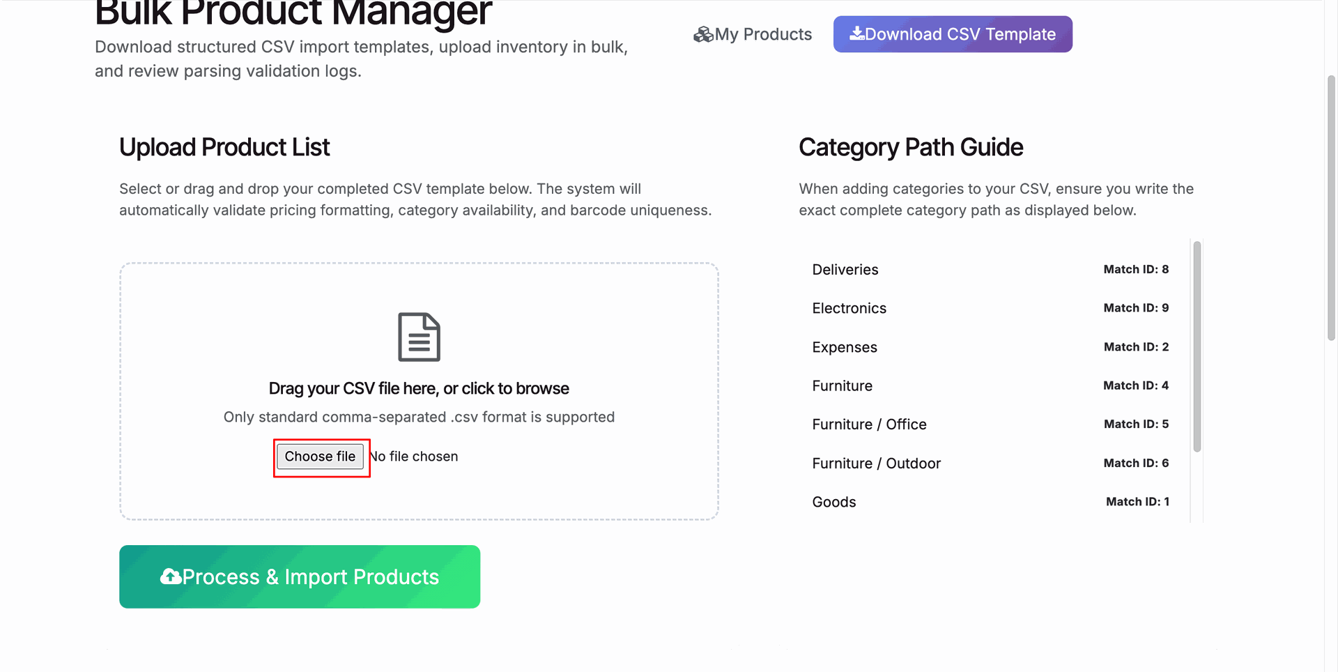 Downloading Bulk Product Import Template