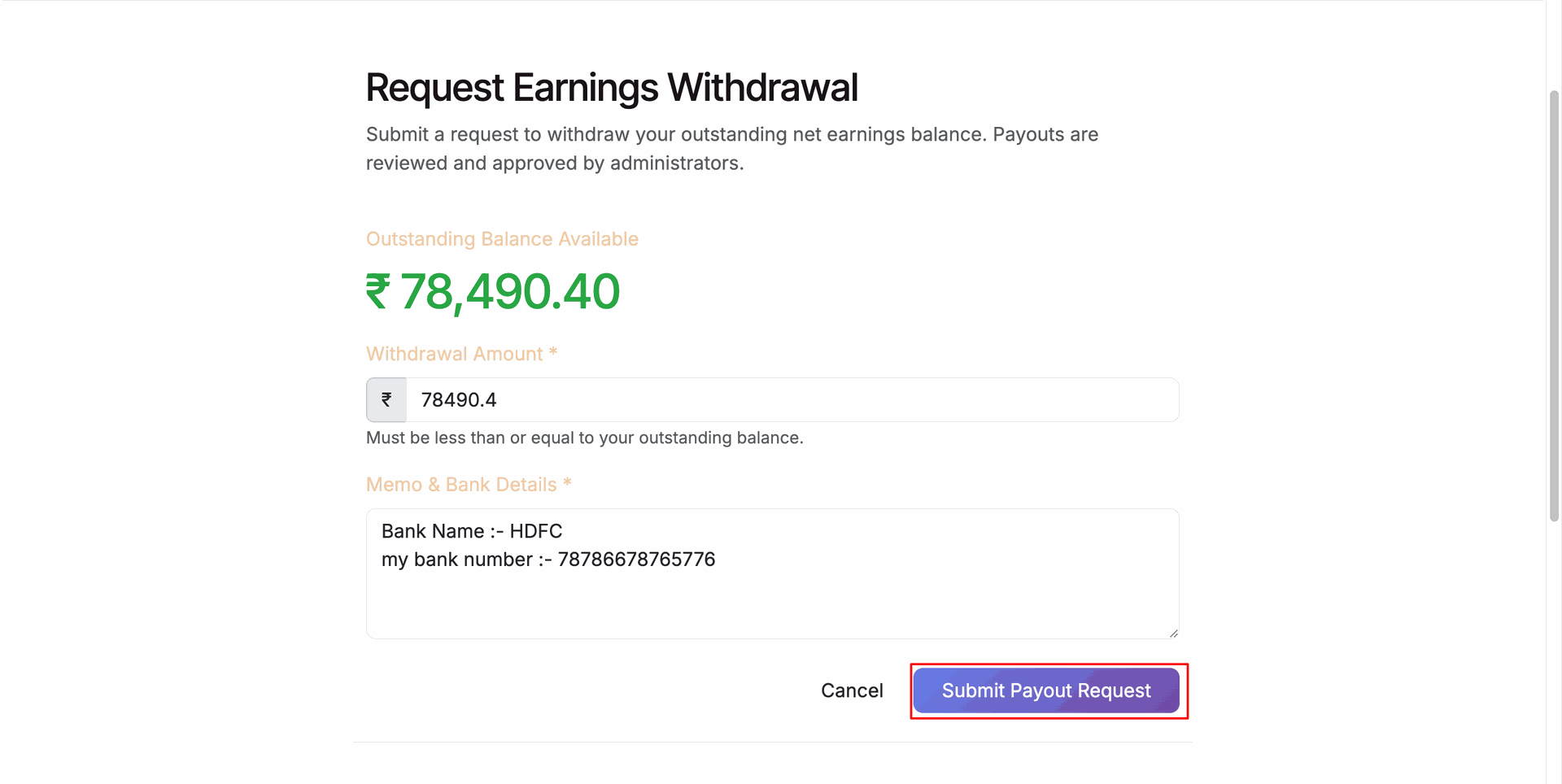 Seller Portal Payout Request Wizard