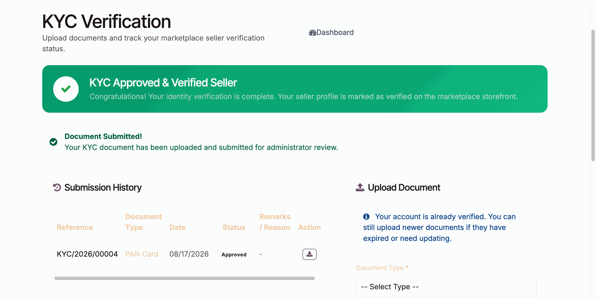 Verified Vendor KYC Status View
