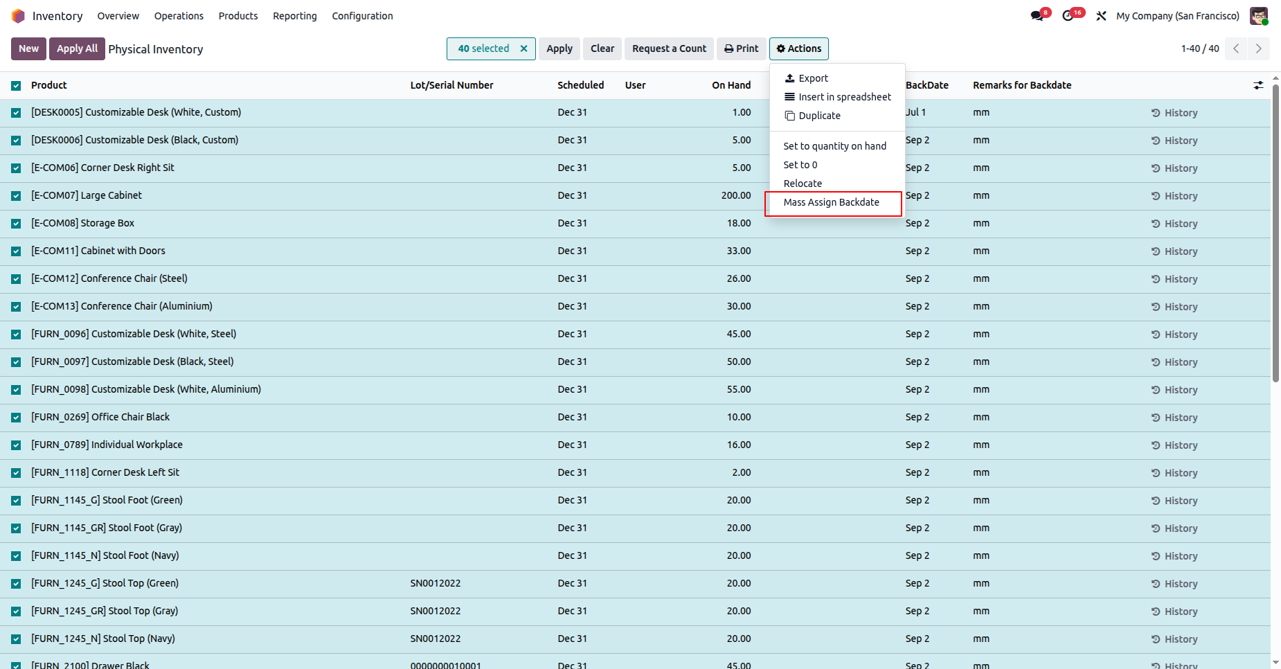 Physical Inventory list view, Select inventory adjustment(s), and click on the Mass Assign Backdate