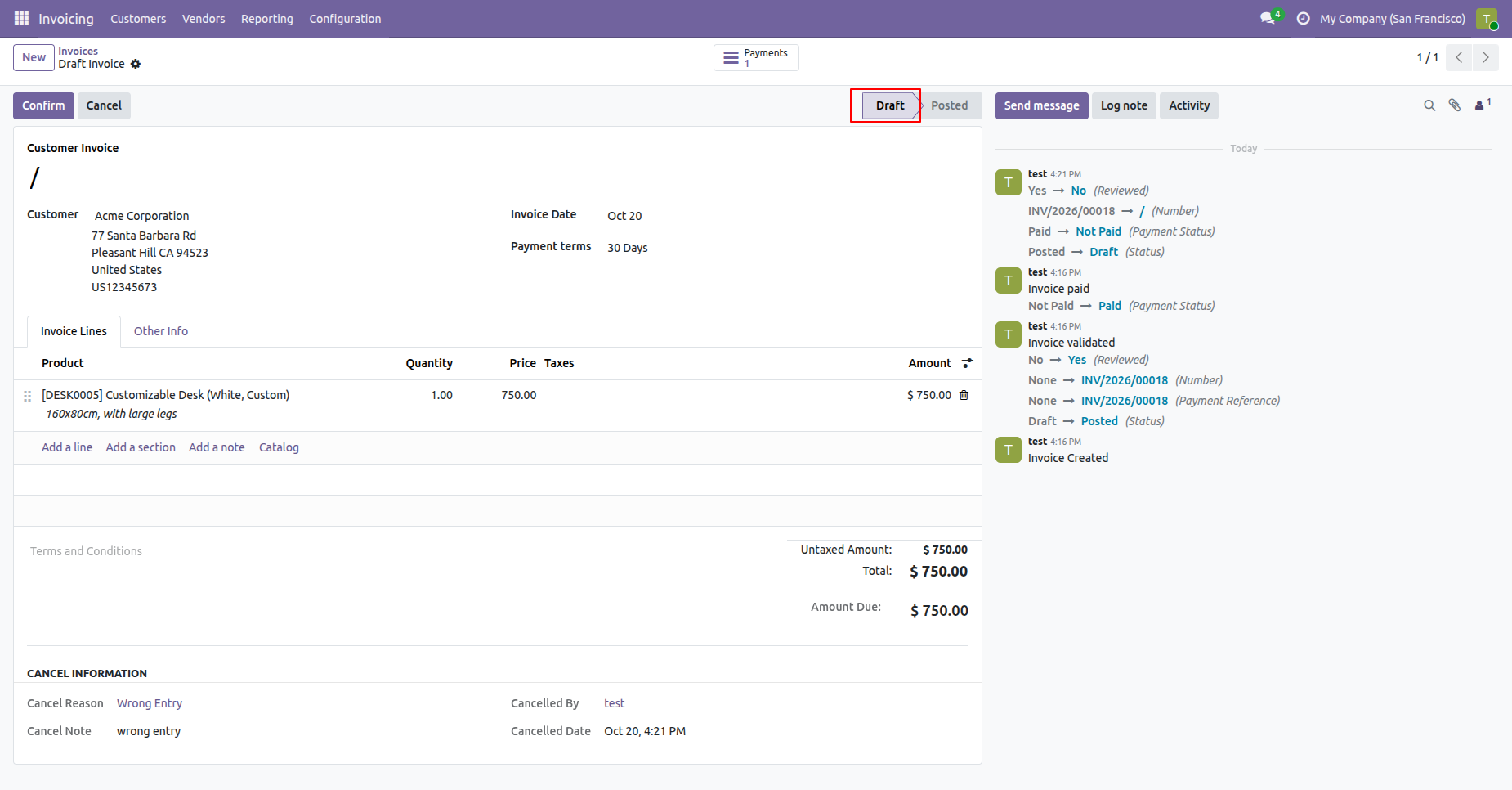 Posted invoice will move to draft stage